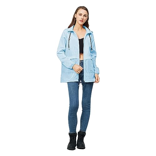 YEABEDA Women-Rain Jacket-Hood Waterproof-Lightweight Windbreak-Packable — Cute RainCoats Travel Polka Dot Ladies With Pouch (X-Large, LightBlue)