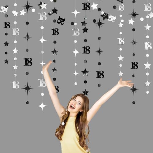 Image of Silver Black 18th Birthday Decorations Number 18 Circle Dot Twinkle Star Garland Streamer Banner Backdrop for Girls Boys Happy 18th Birthday Time to Adult Cheers to 18 Years Old Anniversary Party