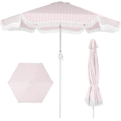 Best Choice Products 9ft Fringe Market Patio Umbrella Outdoor Boho Tassel Sunshade for Table Pool Deck Backyard UPF50+ Easy Tilt Heavy Duty Steel Pole & Ribs - Pink Pinstripe