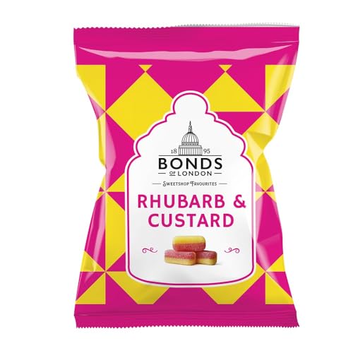 Bonds of London Rhubarb & Custard Bags, Retro Boiled Gift Sweets, Vegetarian Friendly, 130 g (Pack of 12)