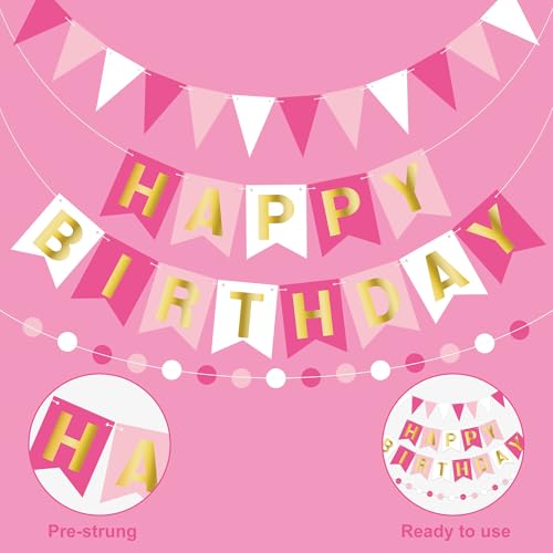 Image of Pink Happy Birthday Banner Pre-strung Happy Birthday Bunting Banner with Golden Letters Rose Pennant Flags Sparkle Birthdays Decor Pink Themed Party Supplies for Women Girls Kids Adults