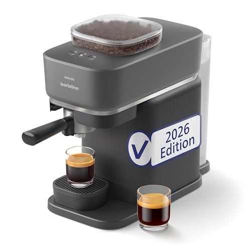 Philips Baristina Espressomaschine –Automatisches Mahlen, Tampen & Brühen, 16 Bar, Kaffeemaschine mit Mahlwerk & Siebträger, leichte Reinigung, Espresso & Café Crema, Schwarzgrau (BAR305/60)
