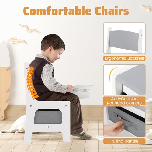 Image of GLACER Kids Table and Chairs, 4 in 1 Wooden Activity Table with Bookshelves, Reversible Tabletop, Chalkboard for Crafts, Drawing, Toddler Table and Chair Set, Easy to Clean (White + Gray)