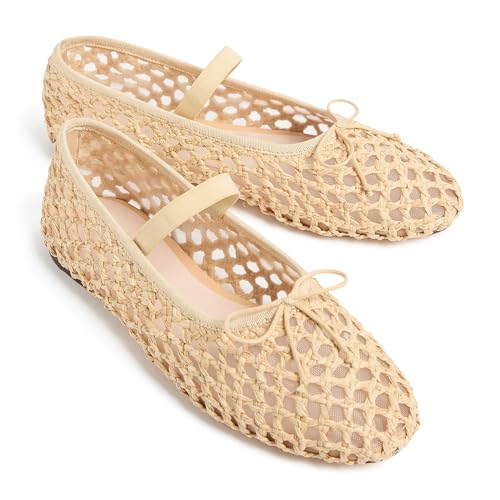 Arqa Women's Raffia Soft Ballet Flats Bow Tie Mesh Ballerina Shoes for Women Elastic Strap Braided Mary Jane Flat4