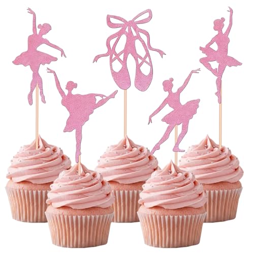 10 Pcs Ballerina Cupcake Toppers Pink Glitter Ballet Girl/Slipper Cupcake Picks for Dance Theme Girl Birthday Baby Shower Party Cake Decoration Supplies