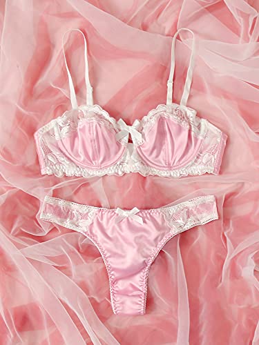 Verdusa Women's Floral Lace Bow Knot Underwire Thong Satin Lingerie Set Pink S #TOP4