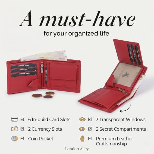Image of LONDON ALLEY Slavia Red Leather Wallet for Men, 6 Card Slot | RFID Protected