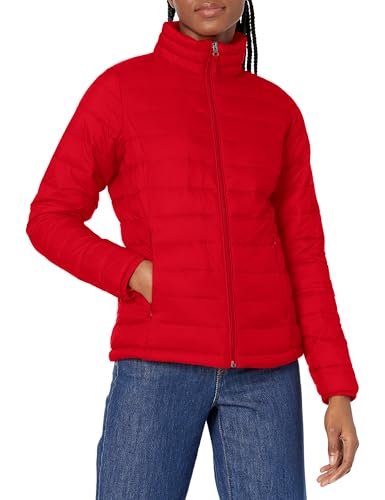 Amazon Essentials Chaqueta Acolchada Ligera de Manga Larga, Plegable, Resistente a la Lluvia (Disponible en Tallas Grandes) Mujer, Rojo Amapola Brillante, M