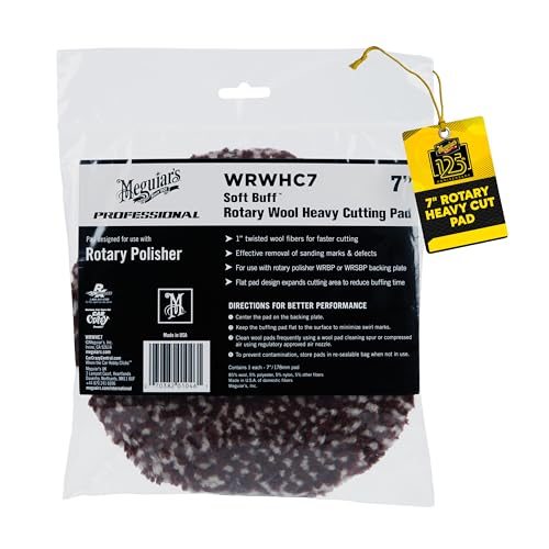 Meguiar's 7" Soft Buff Rotary Heavy Cutting Wool Pad WRWHC7 - Professional Heavy Cutting Pad for Premium Car Detailing, Car Buffing Pad for Use with a Rotary Buffer and Heavy Compound