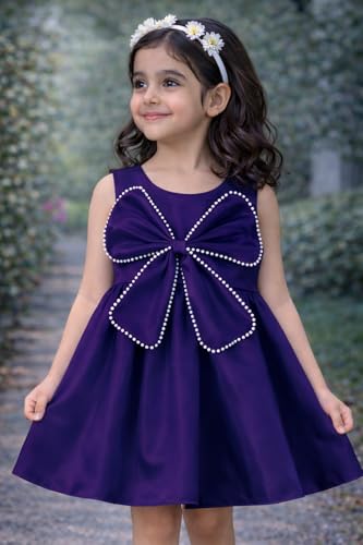 Image of Buy & Try Girls Frock Dress Crystal Moti Embellished Sleeveless Butterfly Design | Knee Length Birthday Dress for Kids with Zipper Closure