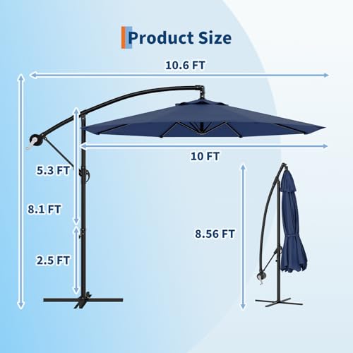 10FT Cantilever Umbrella outdoor patio, Offset Patio Umbrella with Easy Lift & Tilt Adjustment, UV Protection Fade Resistant for Deck, Pool, Garden, Navy Blue