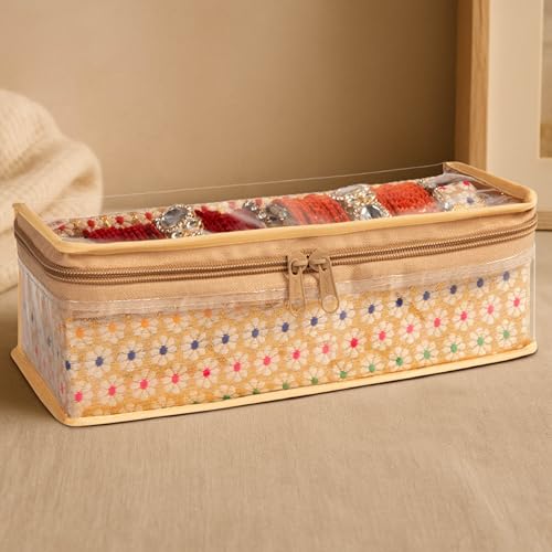 Image of HomeStrap Brocade Single Rod Bangle Box Set of 1 | Jewelry Organizer with Transparent Window & Zip Closure | Storage Case for Bangles, Bracelets, Watches & Fashion Accessories | Golden