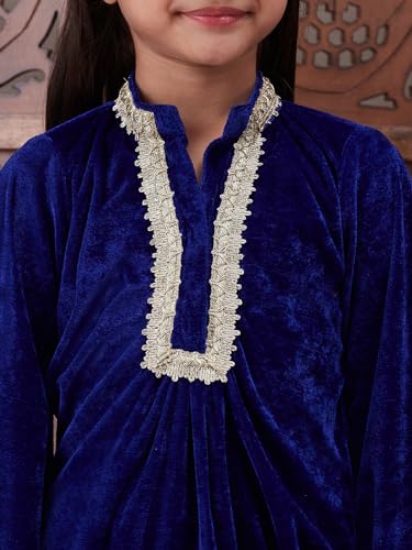 Image of Pspeaches Girls Ethnic Green & Pink Velvet Full Sleeves Solid Kurta and Pant with Dupatta 3 Piece Set