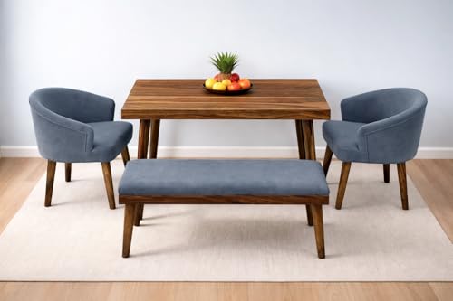 Image of DaneWood Wooden Dining Table 4 Seater | Four Seater Dinning Table with 2 Upholstered Dining Chairs & 1 Upholstered Bench | Dining Room Sets for Restaurants | Sheesham Wood | Honey Finish & Grey