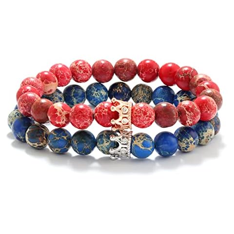 POSHFEEL 8mm Natural Stone CZ Micro Pave Crown King Queen Beads His and Hers Couple Bracelet, 7.5" (Blue&Red-2) Cover