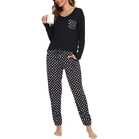 Lovasy Pyjamas for Women Soft Ladies Pyjamas Long Sleeve Pjs for Women Sets 2 Pieces Womens Pyjamas Sets Printed Pajamas with Pockets,black,M Cover