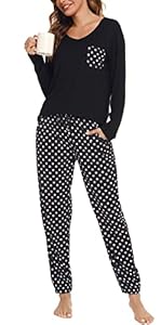 Lovasy Schlafanzug Damen Lang Winter Langarm Schlafanzüge für Damen Zweiteiliger Pyjama Set Loungewear mit Taschen und Bündchen, Schwarz, M
