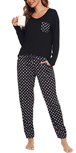 Lovasy Schlafanzug Damen Lang Winter Langarm Schlafanzüge für Damen Zweiteiliger Pyjama Set Loungewear mit Taschen und Bündchen,Schwarz,L