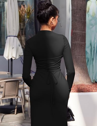 YMDUCH Women's Casual Long Sleeve Boat Neck High Split Ruched Bodycon Long Formal Dress2