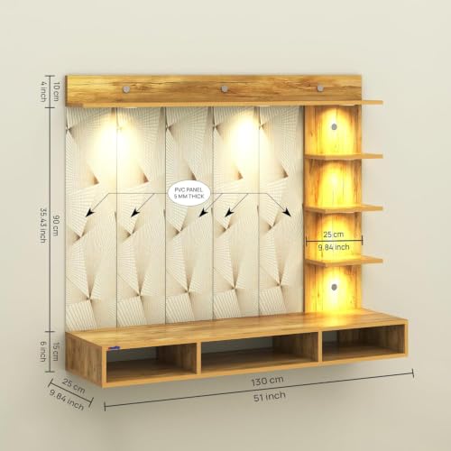 Image of Anikaa Tyron Engineered Wood Wall-Mount TV Unit with PVC Back Panel & LED Lights | TV Cabinet with Storage Box & Decorative Shelves (Gaintwood) | Ideal for TVs up to 43 Inch | DIY Installation