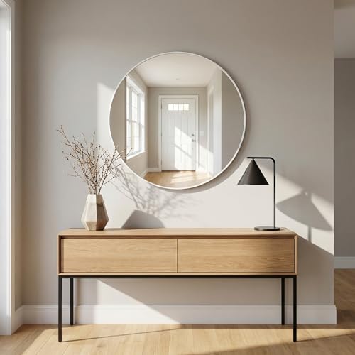 Image of HARRITPURE Round Mirror 20 inch White Wall Mounted Circle Mirrors Vanity Mirror with Brushed Aluminum Alloy Frame Modern Decoration for Bathroom, Living Room, Vanity, Bedroom, Entryway