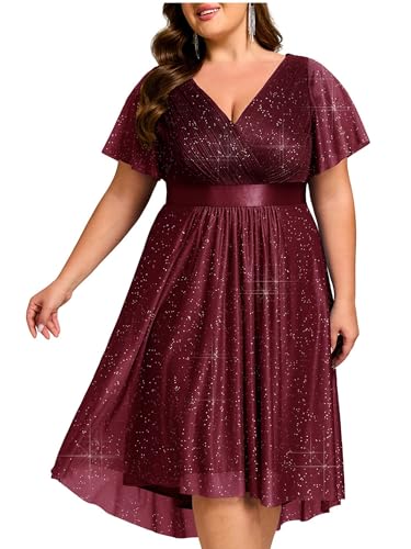 Image of Ever-Pretty Plus Women's Cocktail Party Dress V Neck A Line Glitter Plus Size Formal Wedding Guest Dresses for Curvy Women