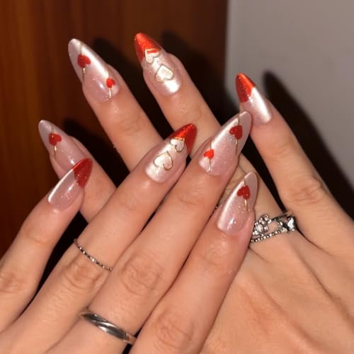 Red French Tip Press on Nails Medium Almond Fake Nails Valentine’...