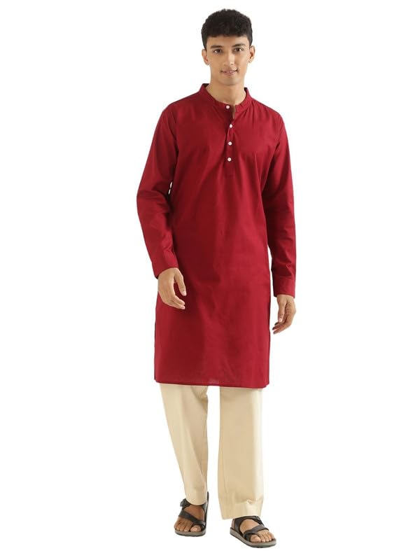 Image of SAADAA Men's Long Kurta - Linen Cotton Blend, Airy Fabric, Regular Fit, Mandarin Collar, Solid Color - Casual, Festive & Ethnic Wear