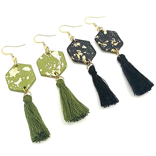 Boucles d'oreilles longues géométriques feuille d'or et pompon 8cm
