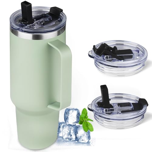 GUDEMAO 40 oz Tumbler with Handle and Flip Straw, 100% Leakproof Insulated Tumbler with Lid and Straw, Stainless Steel Travel Coffee Mug, Insulated Coffee Thermal Cup for Cold and Hot (Green Tea)