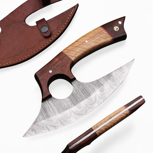 BLADE CRAFTS Unique Handmade Viking Pizza Cutter with Rose Wood and Kau Wood Handle - Ultra-Sharp Steel Axe Blade & Leather Sheath for Pizza Enthusiasts