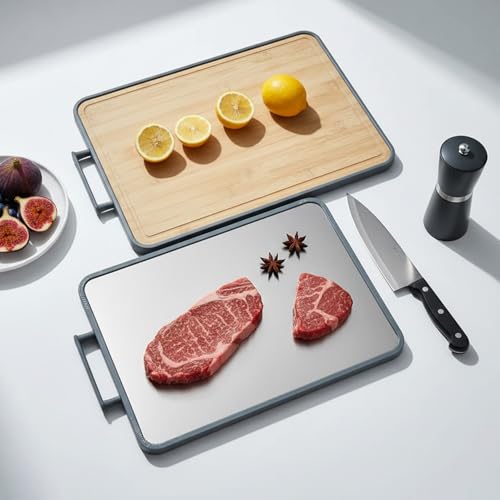 Image of 2-in-1 Chopping Board for Kitchen | Stainless Steel & Bamboo Cutting Board | Hygienic Dual-Sided Board for Meat, Vegetables & Fruits | Rust-Proof, Easy to Clean (41 x 31cm)