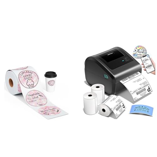 Image of Bluetooth Shipping Label Printer with 3 Roll Labels & 2'' Circle Thermal Labels, D450BT Thermal Label Printer 4x6 for Small Business, Shipping Packages, Office, Home