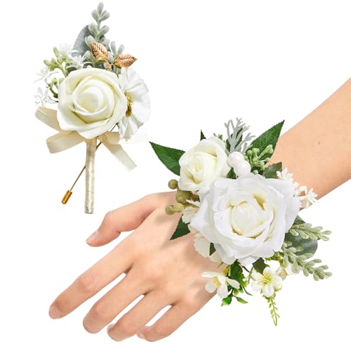 Serwalin White Wrist Corsage and Boutonniere Set Wedding Prom Flowers