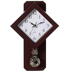 Traditional Brown Square Wood Looking Pendulum Plastic Wall Clock for Living Room, Kitchen, or item