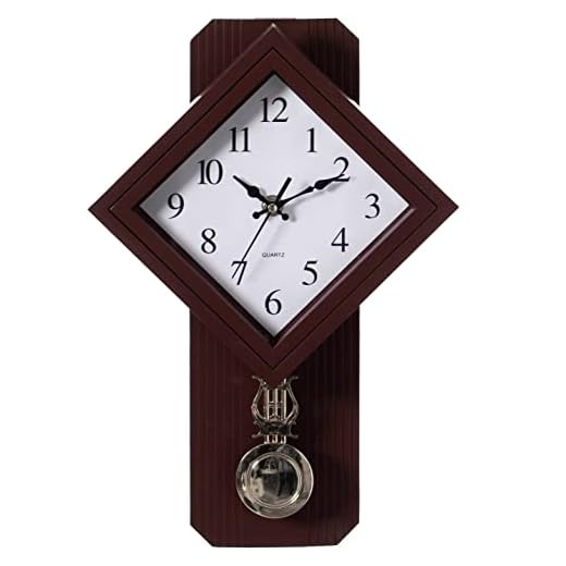 Traditional Brown Square Wood- Looking Pendulum Plastic Wall Clock for Living Room, Kitchen, or Dining Room