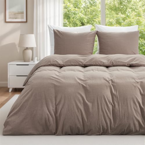 Duvetnova Bettwäsche 200x200 Baumwolle, 3-teiliges Bettbezug Set Braun, Sommerbettwäsche mit Leinen-Optik, 1 Bettbezug 200x200 + 2 Kissenbezüge 80x80 cm, Oeko-TEX Zertifiziert, mit