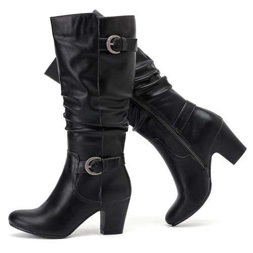 Knee High Boots for Women Slouchy Chunky Heel Long Boots Pointed Toe Comfort and Fashion Fall Winter Woman Boot. 9.5 Black Lpu 301