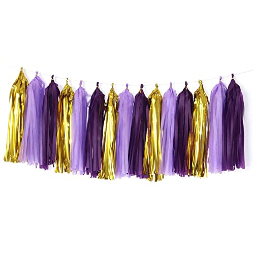 Image of Purple Light Purple and Gold Tassel Garland Banner Paper Tassels for Party Decorations,Pack of 15
