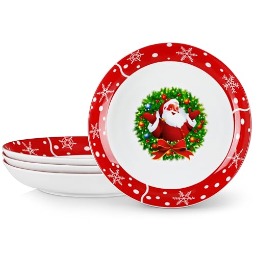 VEWEET, Juego de 4 Cuencos de Navidad para Pasta de Porcelana de 1440 ml, ∅ 26,7 cm, en Color Rojo, con Diseño Navideño de Papá Noel, Ideales para Sopa, Pasta y Ensaladas, Serie SANTACLAUS