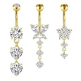 Crdifu 3pcs Belly Button Bars 10mm Gold 14G Navel Rings Surgical Steel Butterfly Heart Flower Dangle Belly Piercing Jewellery