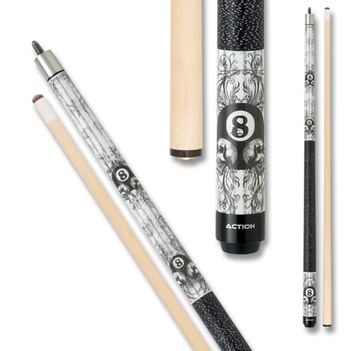 Eight Ball Mafia EBM03 Pool Cue - Black and White Grunge Design with Eight Balls, Skulls, and Vine-Like Decor - 21oz