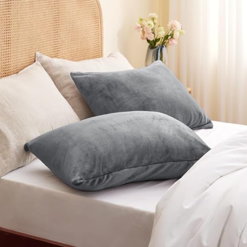 Image of BEDELITE Flannel King Size Pillow Cases Set of 2, Gray, 20x36 Inches