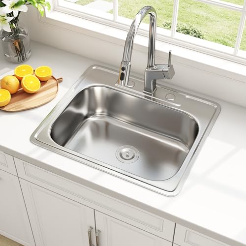 Quikore 25x22 Drop In Kitchen Sink 25 Inch Topmount 18 Gauge Stainless Steel Single Bowl Three Holes Sinks with Strainer 25' x 22' x 8'