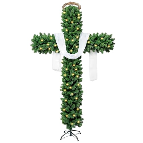 6ft Skinny Cross Christmas Tree with 33ft Plug-in String Lights(100 Bulbs) & White Silk Scarf & Crown of Thorns Jesus Christ Catholic Cross Decor Xmas Holiday Home Indoor Outdoor Decorations