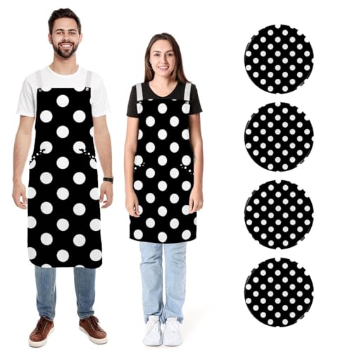 Tabliers de cuisine en lin anti-taches réglables à poches, duo noir et blanc
