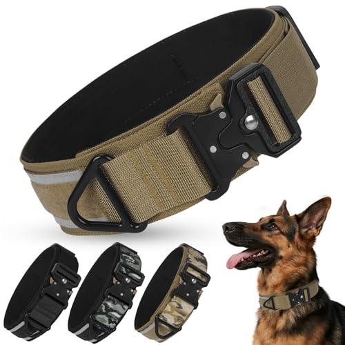 Tactical Dog Collar, Reflective Padded Dog Collar with Metal Buckle, Heavy Duty Wide Dogs Collars, Adjustable and Comfortable Nylon Pet Collars for Medium to Large Dogs Training & Daily Use