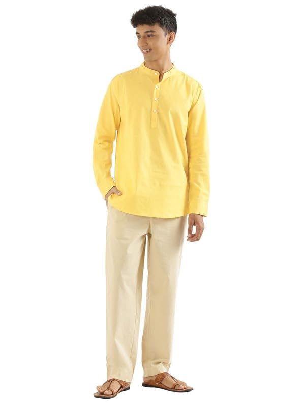 Image of SAADAA Men's Short Kurta - Linen Cotton Blend, Airy Fabric, Regular Fit, Mandarin Collar, Solid Color - Casual, Festive & Ethnic Wear
