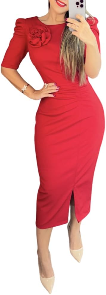 Women's Bodycon Midi Dress Ruched Puff Sleeve Cocktail Pencil Dress Casual Slit Party Work Dresses