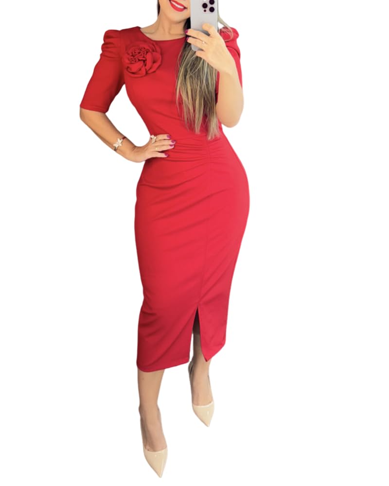 Women's Bodycon Midi Dress Ruched Puff Sleeve Cocktail Pencil Dress Casual Slit Party Work Dresses